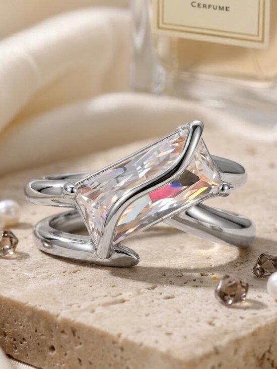 NKULTD Jewelry - 18K White Gold Plated Emerald Cut CZ Statement Ring Bezel Modern Adj Sz 7-8